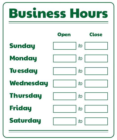 Hours Of Operation Sign Template