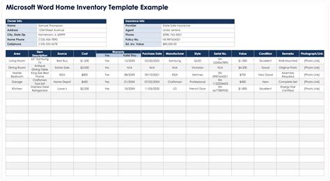 House Inventory Template Word