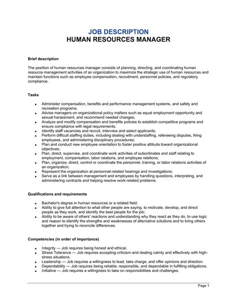 Human Resources Job Description Template