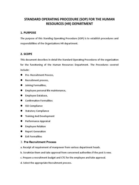 Human Resources Standard Operating Procedures Template