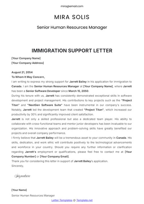 Immigration Support Letter Template