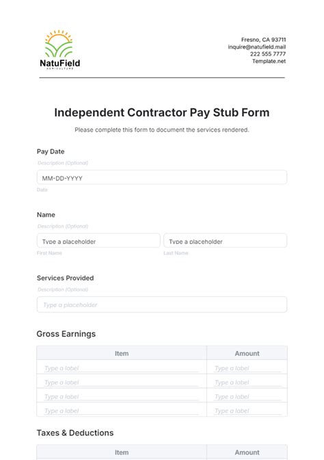 Independent Contractor 1099 Pay Stub Template