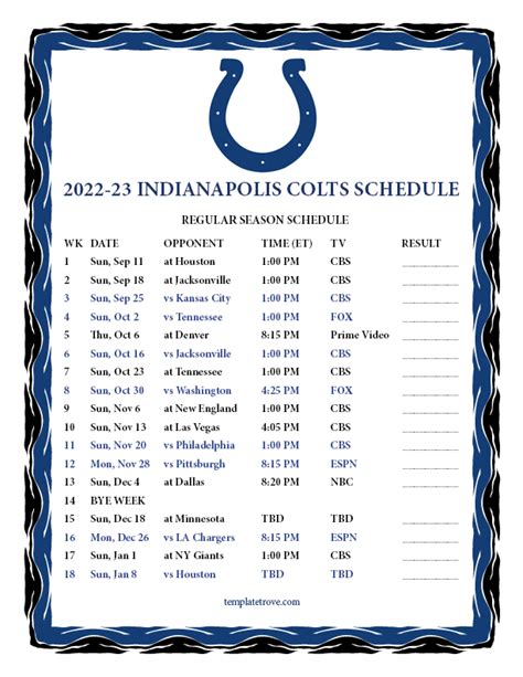 Indianapolis Colts Printable Schedule