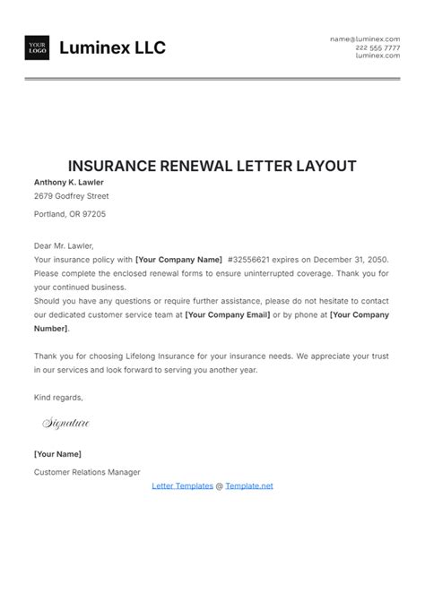 Insurance Company Insurance Renewal Letter Template