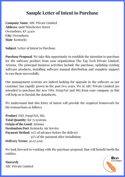 Intent To Purchase Letter Template