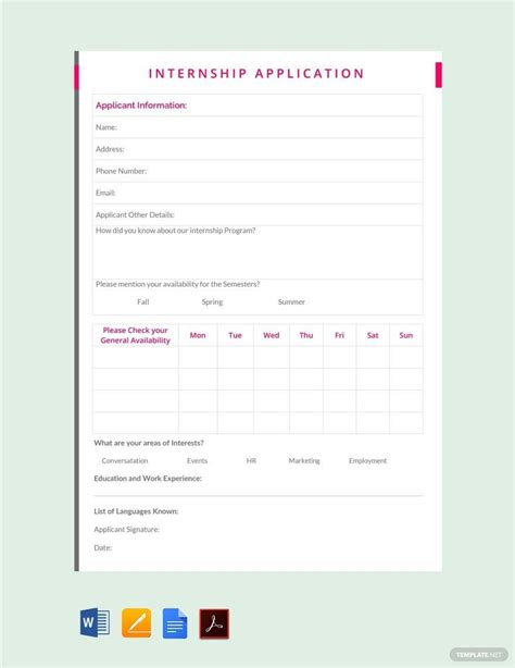 Internship Application Template Word