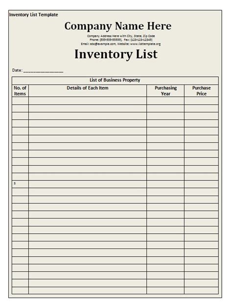 Inventory List Template Free