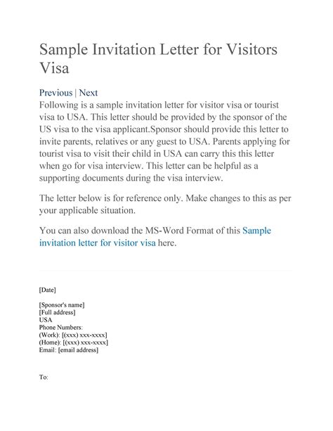 Invitation Visa Letter Template