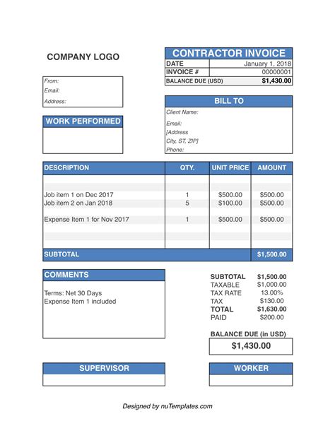 Invoice Template For Contractors