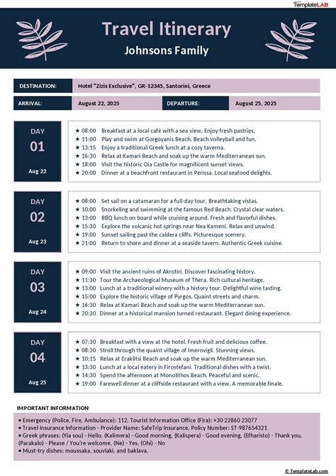 Itinerary Free Template