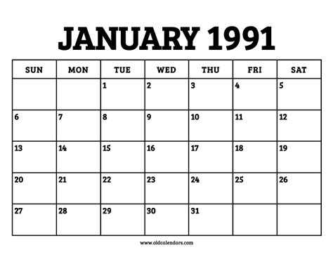 January 1991 Calendar
