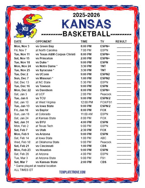 Jayhawk Basketball Schedule Printable