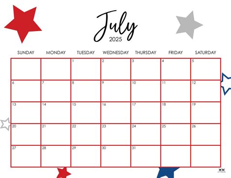 July Monthly Calendar Printable