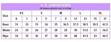 Juniors Medium Size Chart