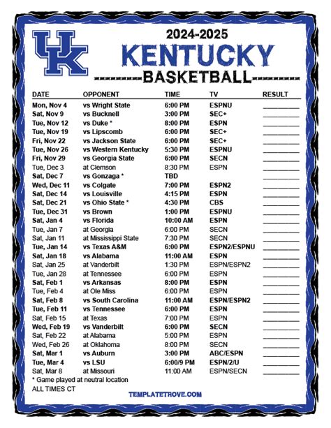 Kentucky Basketball Printable Schedule