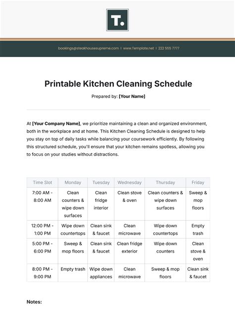 Kitchen Cleaning Schedule Template