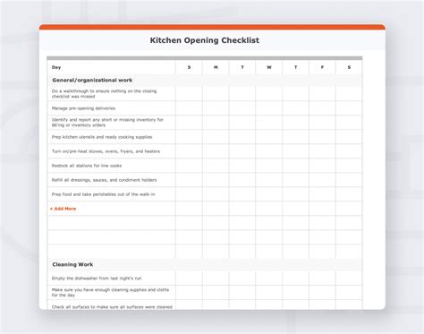Kitchen Opening Checklist Template