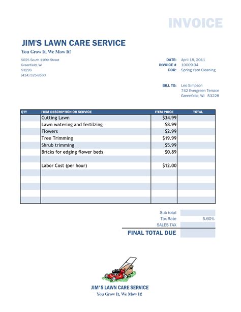 Lawn Care Invoice Template Free