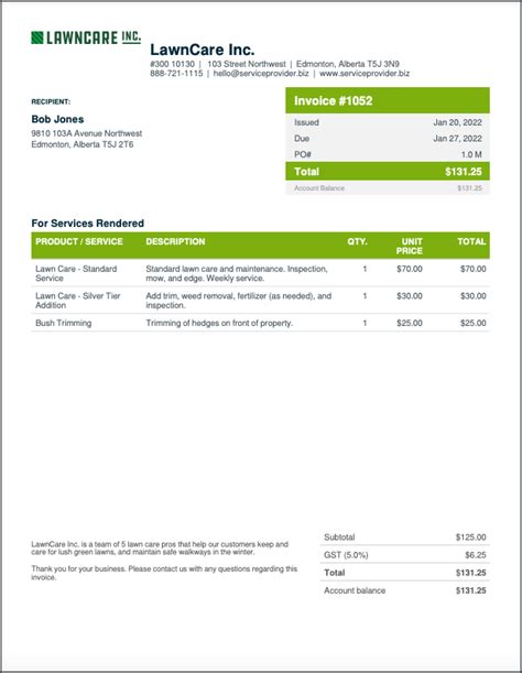 Lawn Service Invoice Template