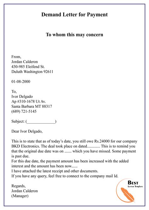 Letter Of Demand For Payment Template