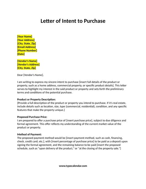 Letter Of Intent Purchase Template
