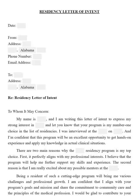 Letter Of Intent Residency Template