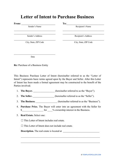 Letter Of Intent Template For Business Purchase