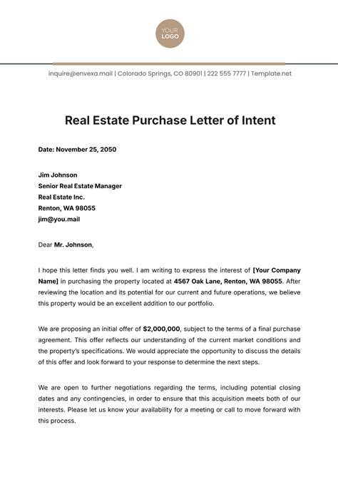Letter Of Intent Template For Real Estate Purchase