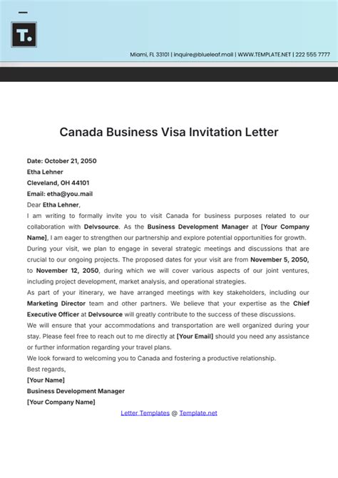 Letter Of Invitation To Canada Template