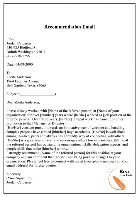 Letter Of Recommendation Email Template