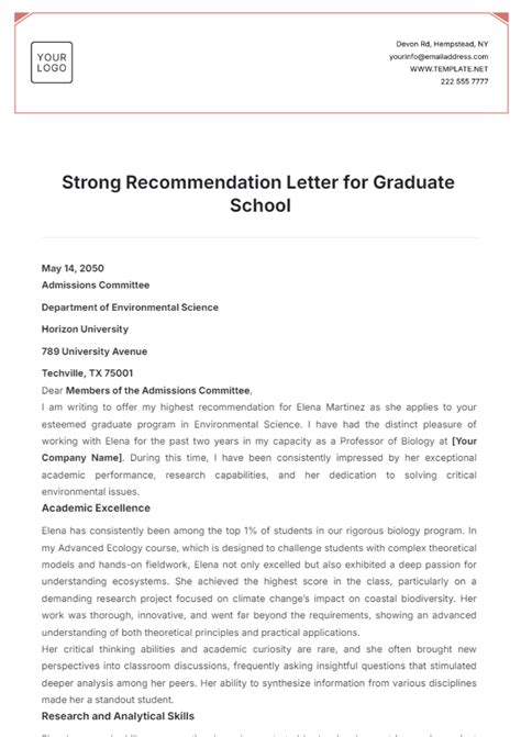 Letter Of Recommendation For Graduate School Template