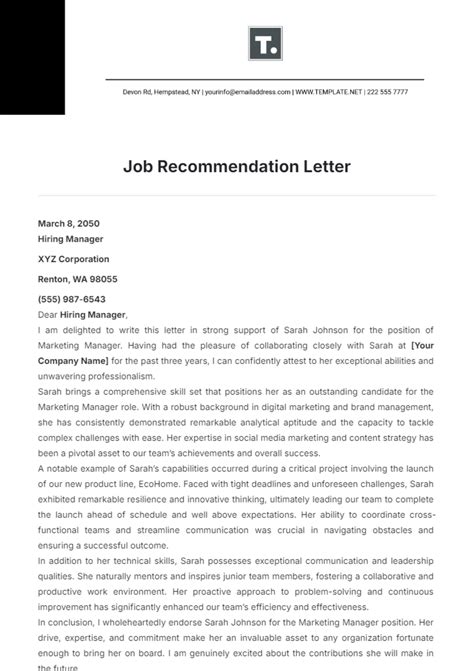 Letter Of Recommendation Job Template