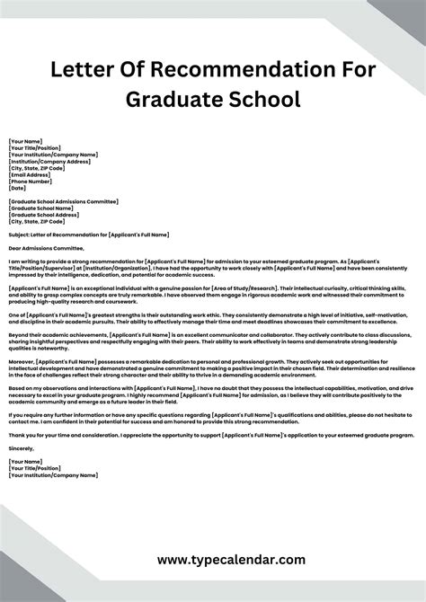Letter Of Recommendation Template For Graduate School