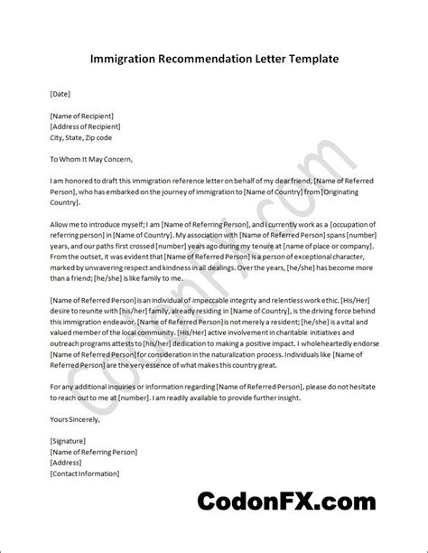 Letter Of Recommendation Template For Immigration