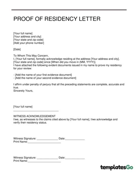 Letter Of Residency Template