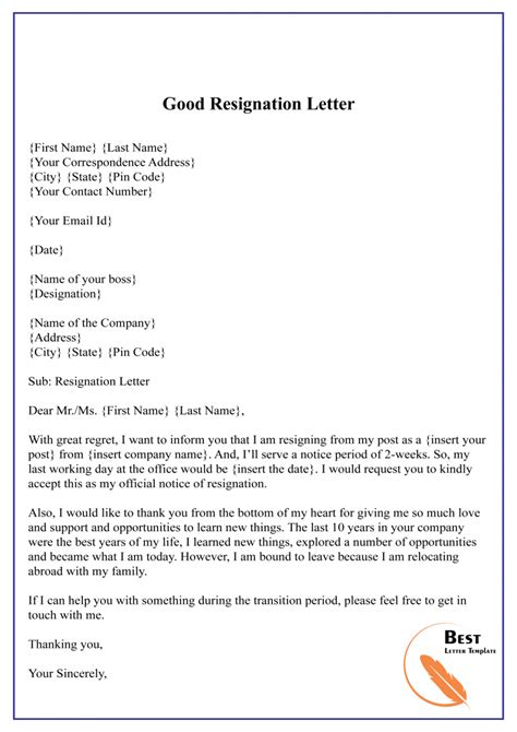 Letter Of Resignation Template Free