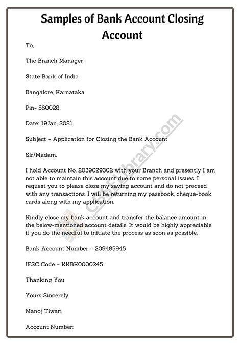 Letter To Close Bank Account Template