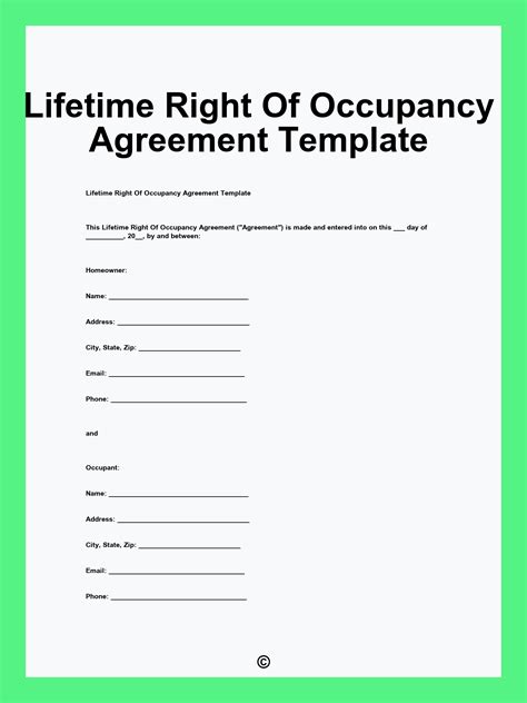 Lifetime Right Of Occupancy Agreement Template