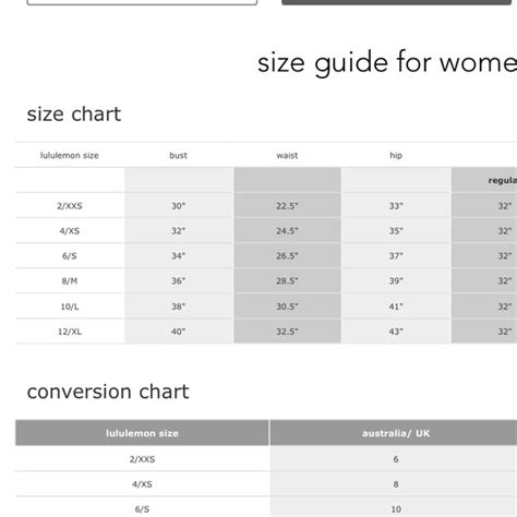 Lululemon Women's Jacket Size Chart