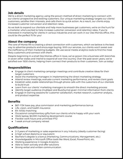 Marketing Job Description Template