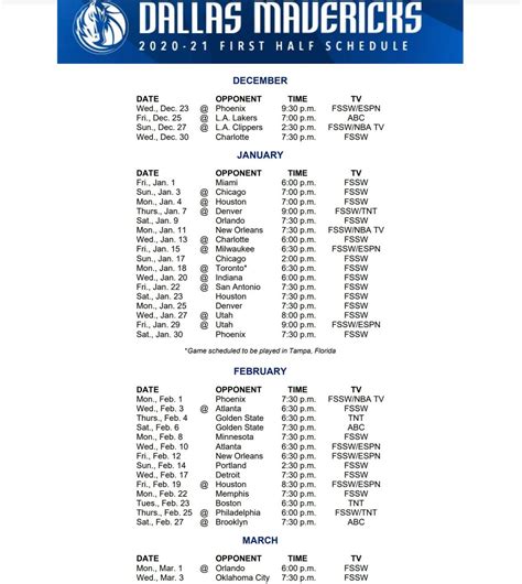 Mavericks Schedule Printable