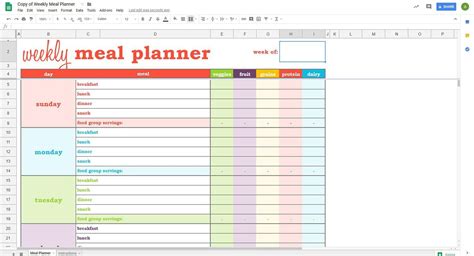 Meal Plan Google Sheets Template