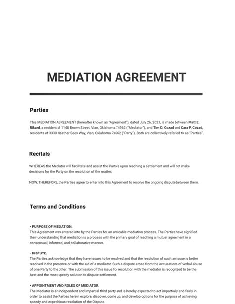 Mediation Agreement Template