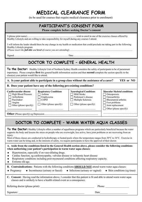 Medical Clearance Form Template