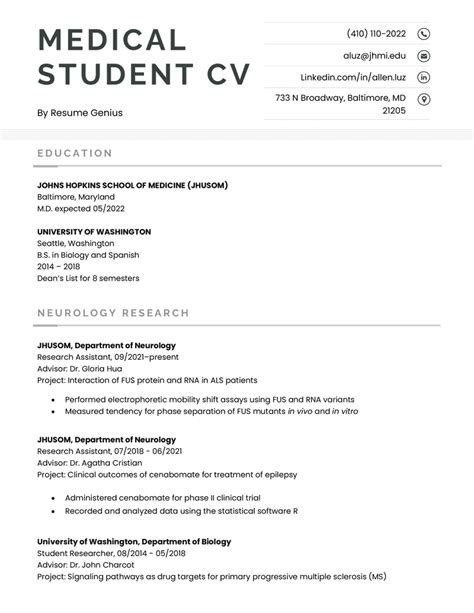 Medical Student Curriculum Vitae Template