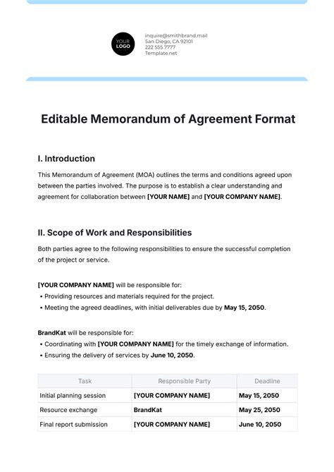 Memo Of Agreement Template