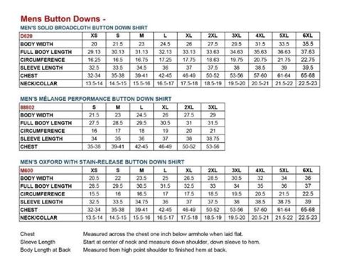 Men's Button Down Shirt Size Chart