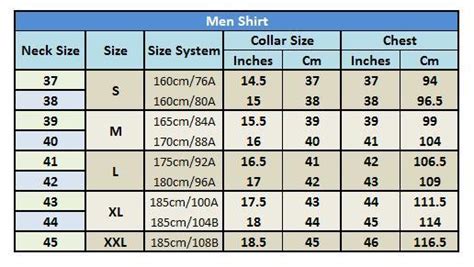 Mens Collar Size Chart