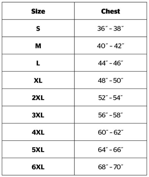 Mens Shirt Size Chart
