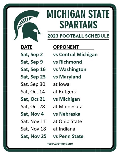 Michigan State Printable Football Schedule